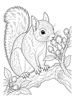 A fluffy squirrel sniffs fresh buds in this spring tree coloring page.