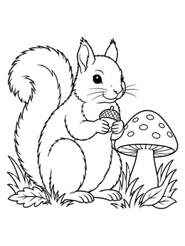 A detailed squirrel coloring page showing a fluffy squirrel holding an acorn next to a spotted mushroom.