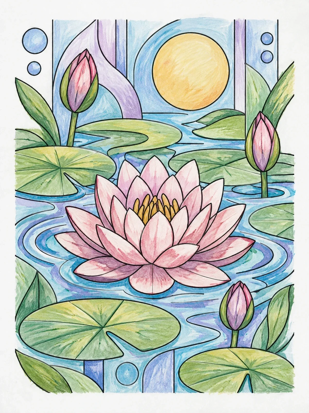 Colored example of the Blooming Water Lily Pond coloring page