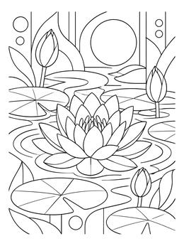A blooming water lily floats among lily pads in this serene Sri Lanka coloring page.