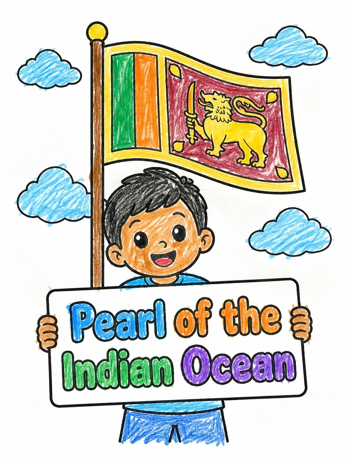 Colored example of the Boy Holding Pearl Of The Indian Ocean Sign coloring page
