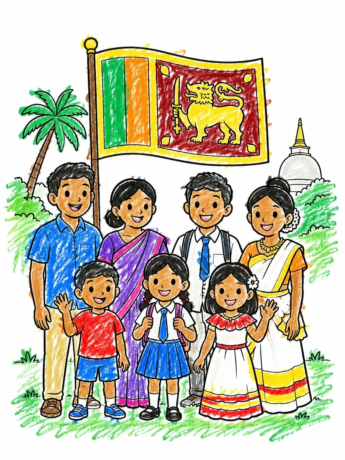 Colored example of the Family With Sri Lankan Flag coloring page
