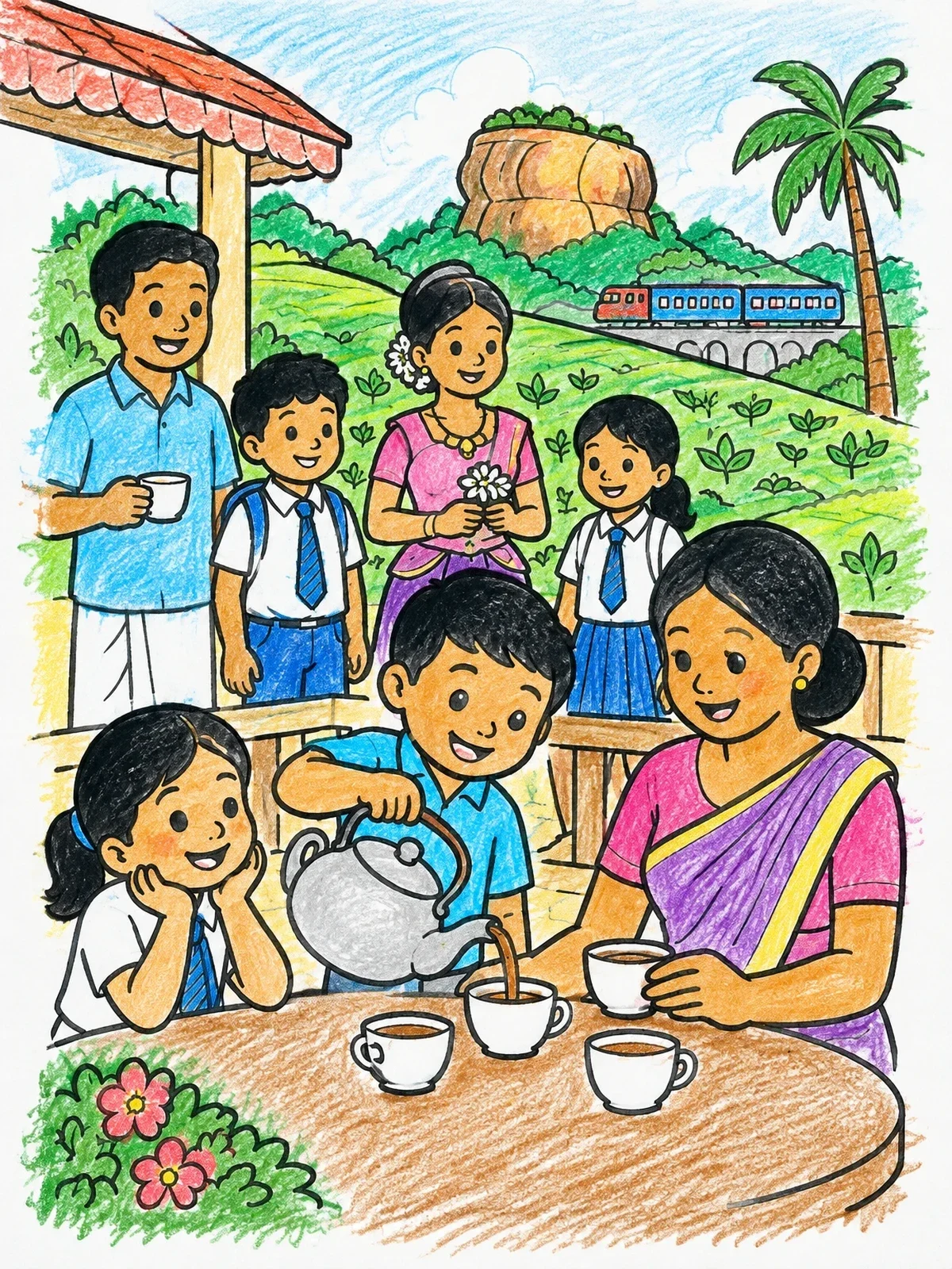 Colored example of the Family Tea Time In Sri Lanka coloring page