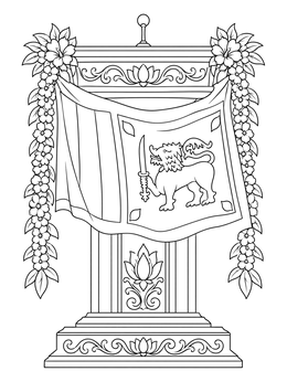 An ornate podium with floral garlands and a draped flag in this sri lanka coloring page.