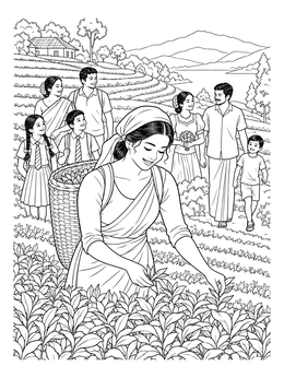 A smiling woman plucking leaves features in this Sri Lanka coloring page.
