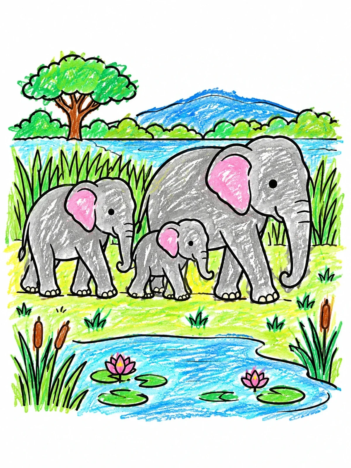Colored example of the Sri Lankan Elephant Family By The Water coloring page