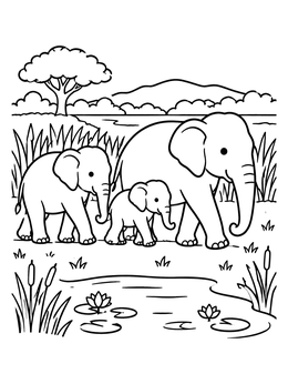 Free printable Sri Lankan Elephant Family By The Water coloring page