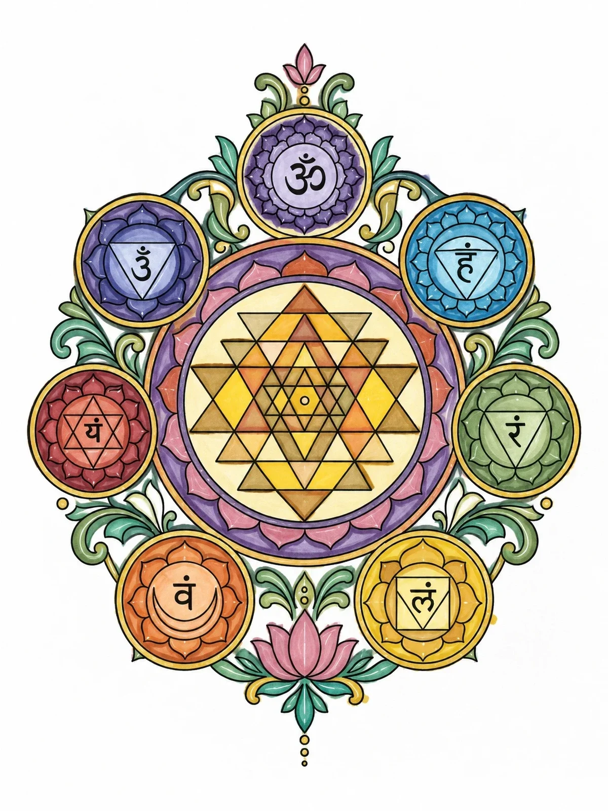 Colored example of the Sri Yantra With Seven Chakras coloring page