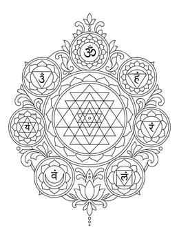 A detailed chakra coloring page showing a central Sri Yantra surrounded by seven circular chakra symbols.