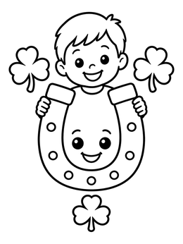 Free printable Happy Boy With Lucky Horseshoe coloring page