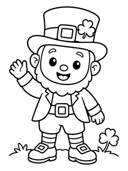 Free printable Cheerful Leprechaun Waving Hello coloring page