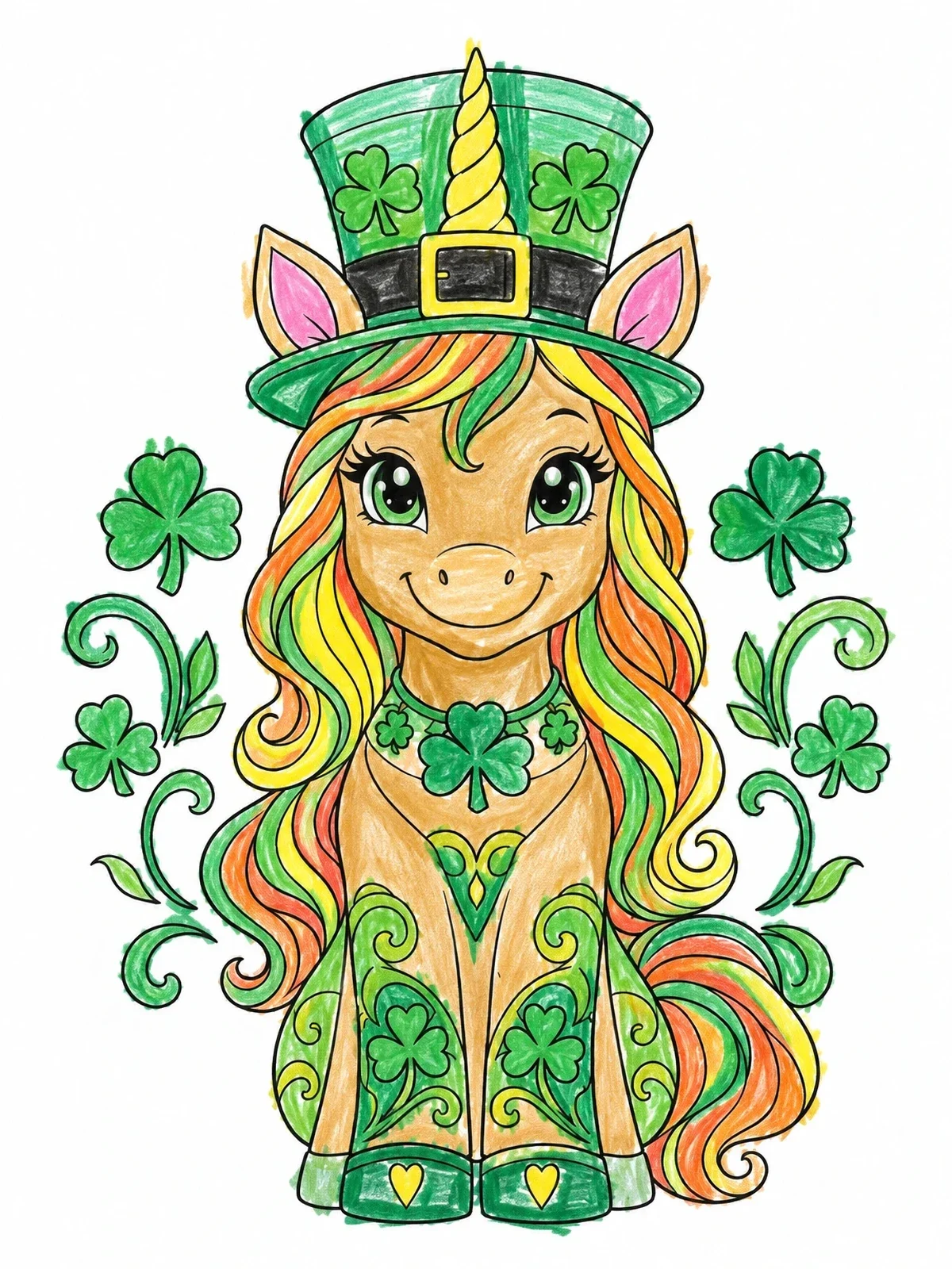 Colored example of the St. Patrick's Day Festive Unicorn coloring page