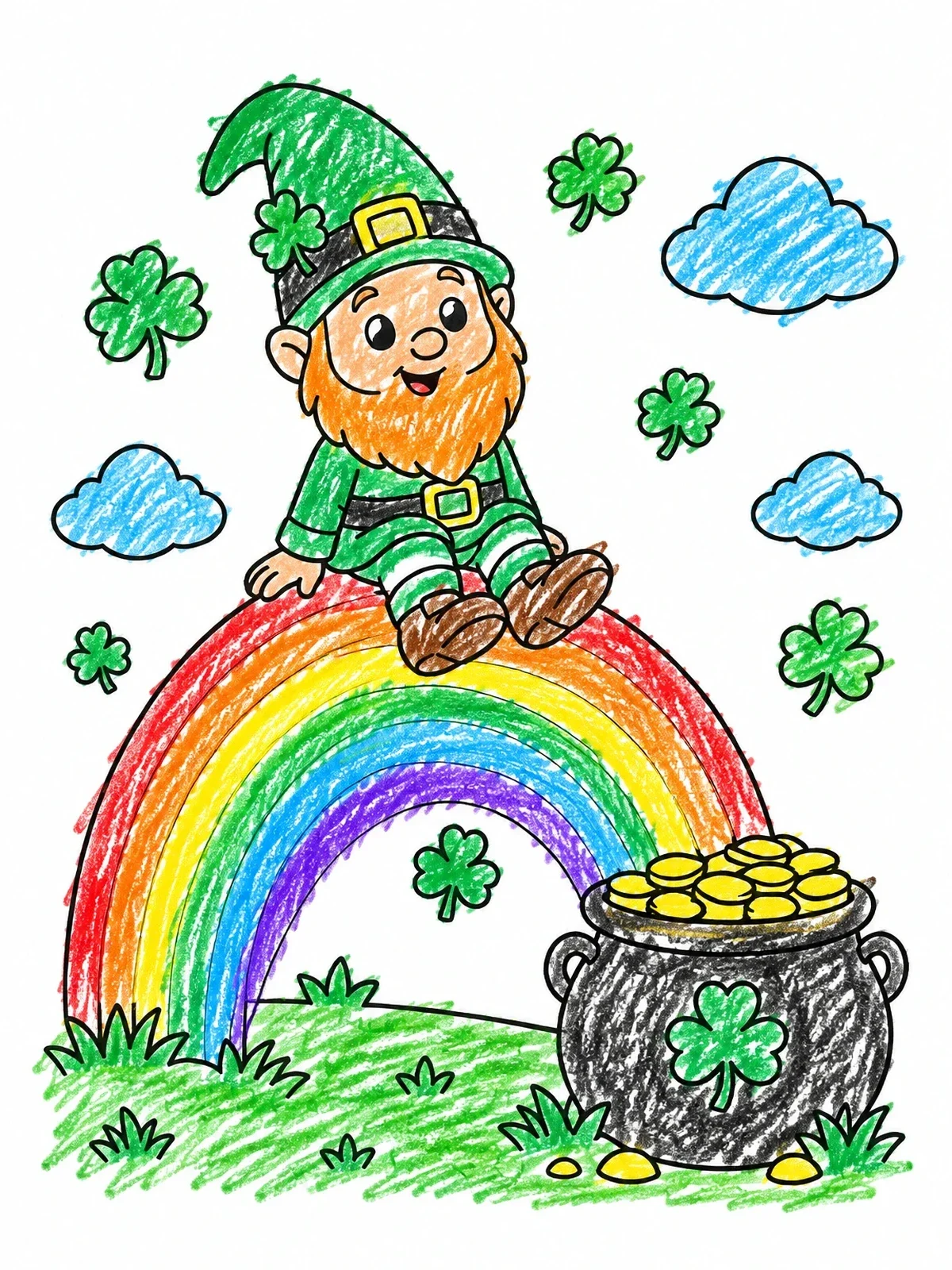 Colored example of the Cheerful Gnome On A Rainbow coloring page