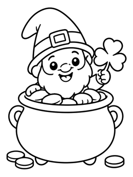 Free printable Cheerful Gnome In Gold Pot coloring page