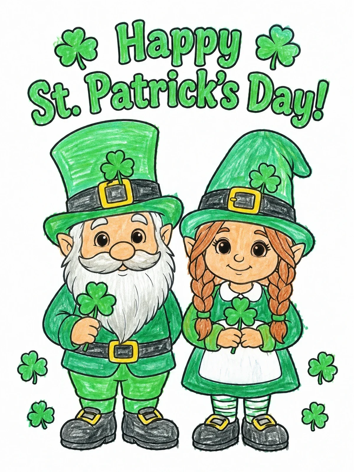 Colored example of the St. Patrick's Day Gnome Couple coloring page