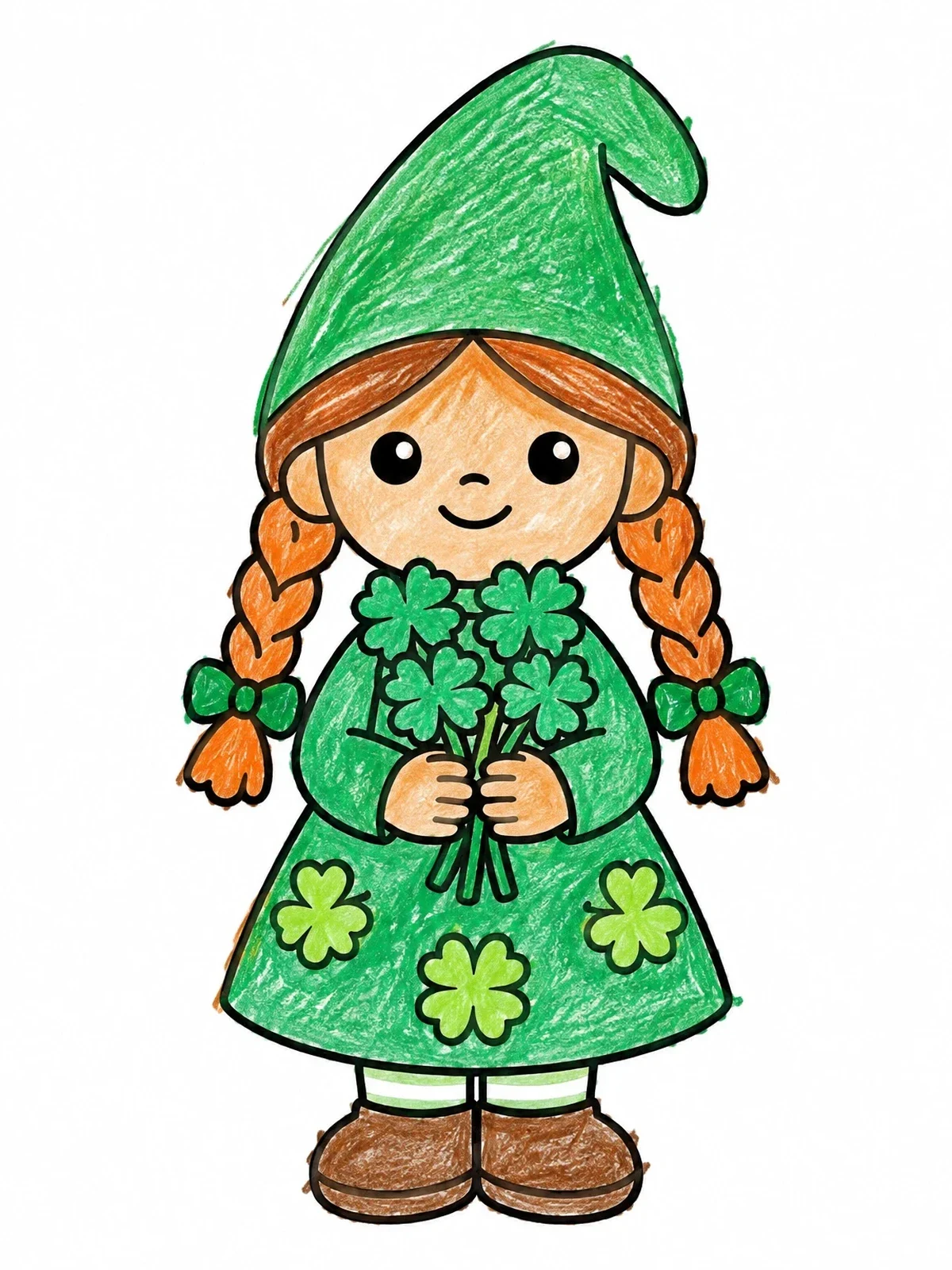 Colored example of the Cute Girl Gnome Holding Clovers coloring page
