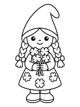 Free printable Cute Girl Gnome Holding Clovers coloring page