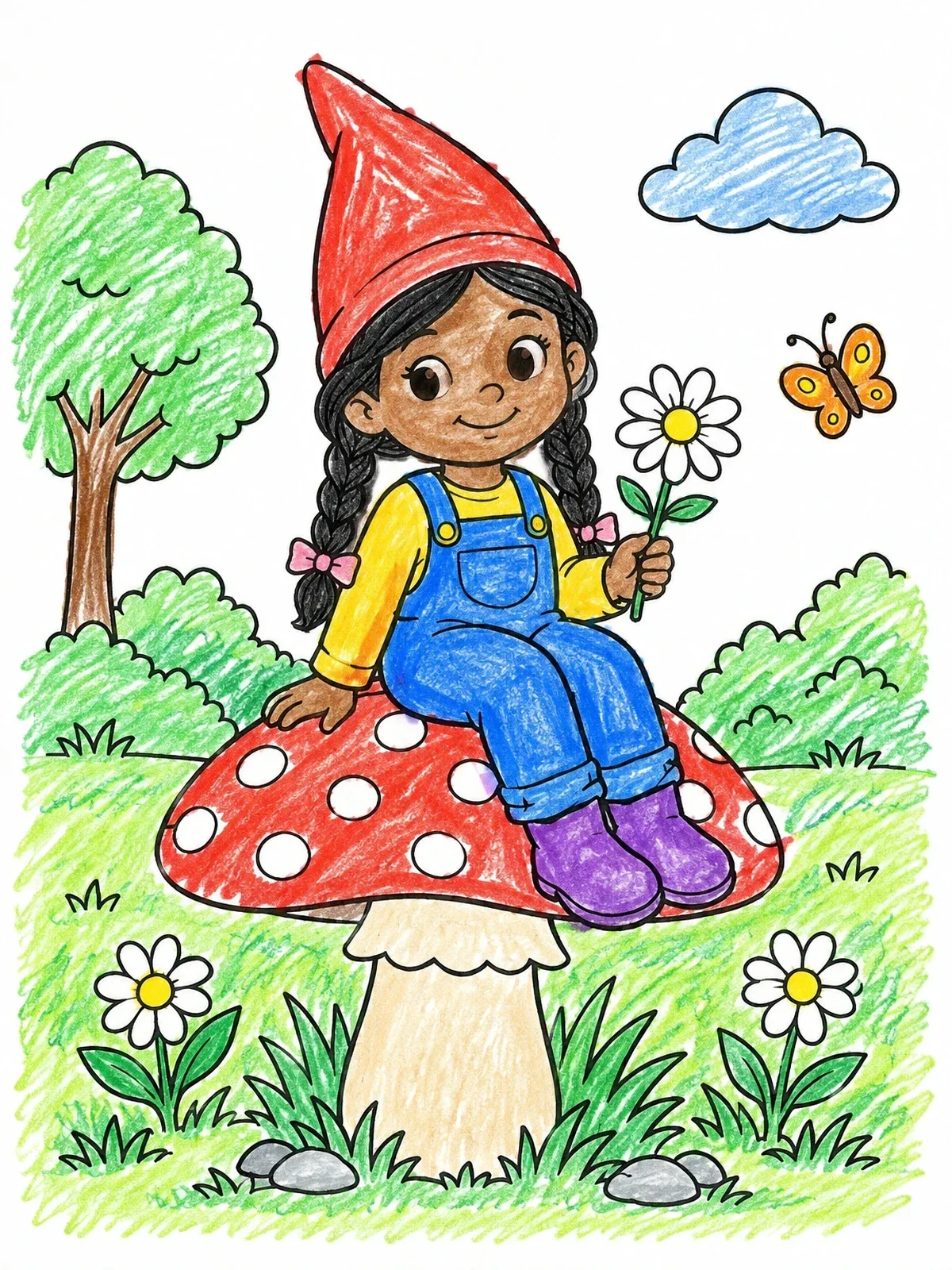 Colored example of the Cute Girl Gnome On Mushroom coloring page