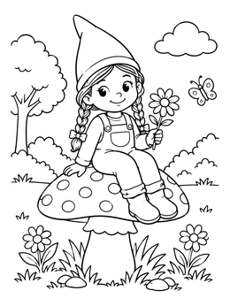 Free printable Cute Girl Gnome On Mushroom coloring page