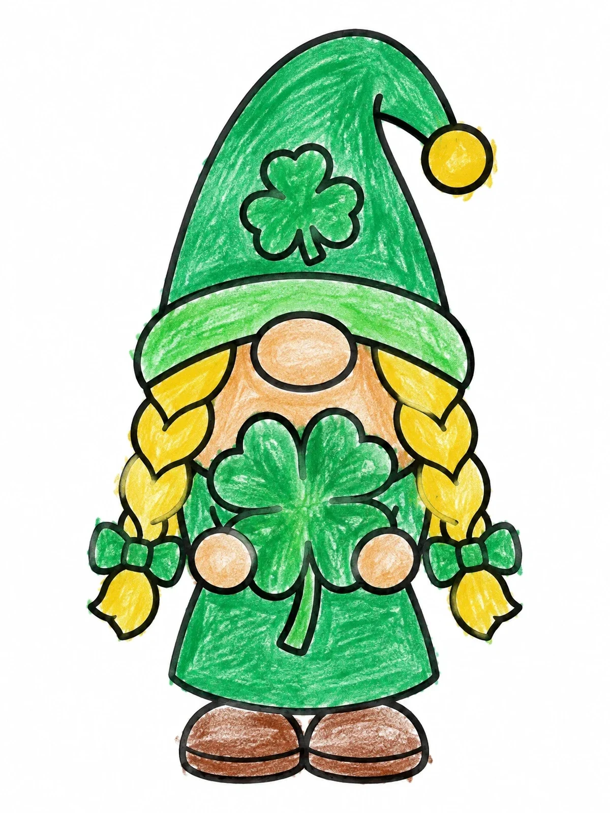 Colored example of the Cute Girl Gnome With Shamrock coloring page