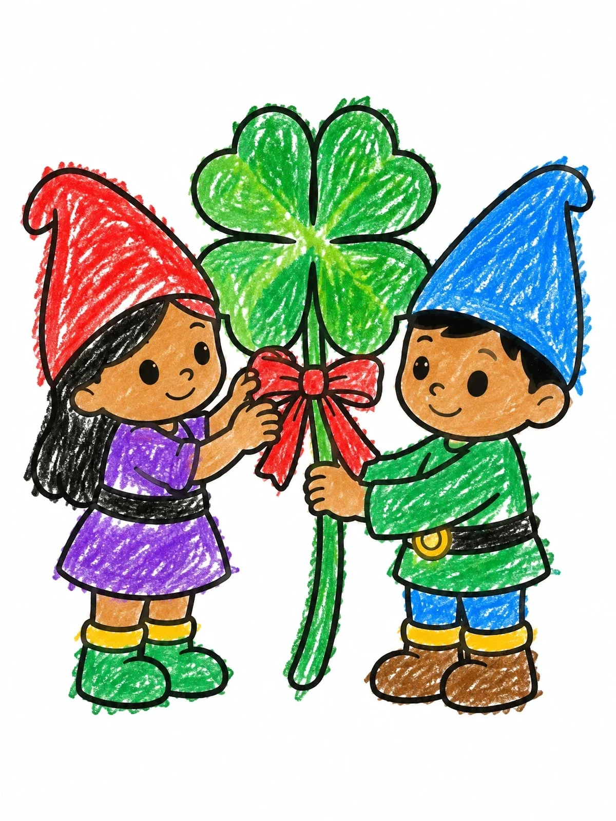 Colored example of the Cute Gnomes With Giant Four Leaf Clover coloring page