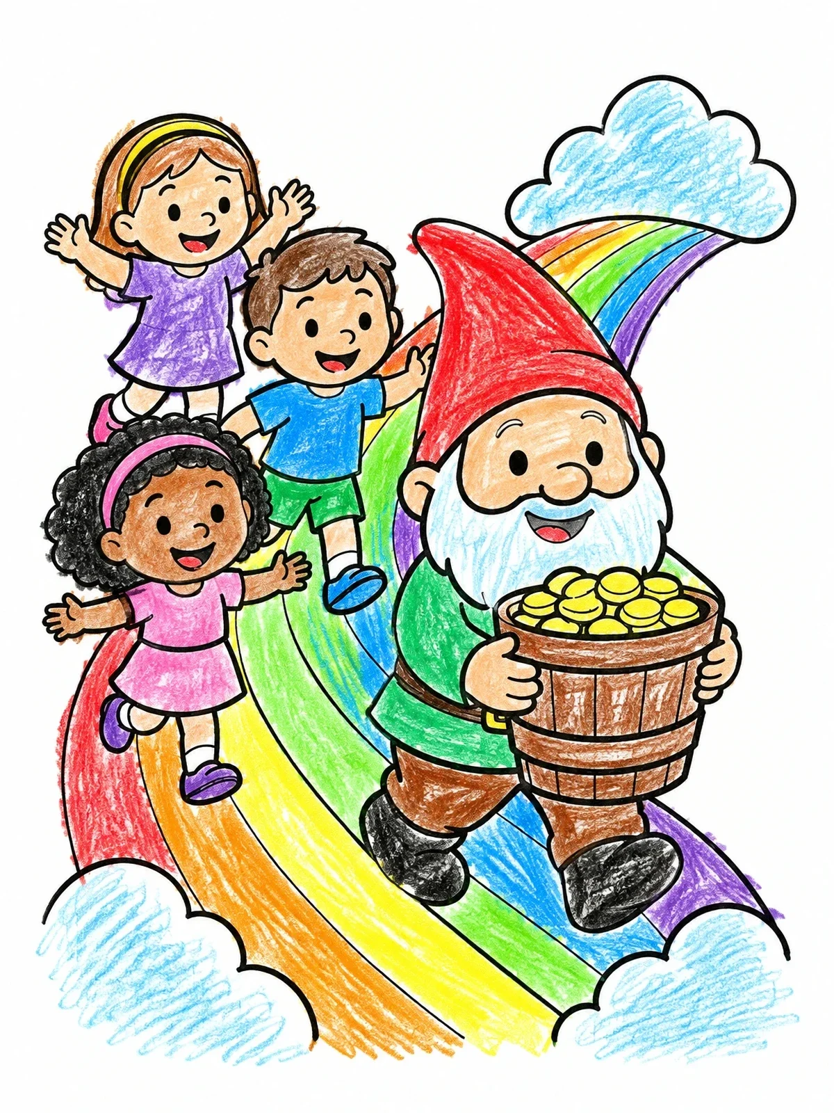 Colored example of the Gnome And Children On Rainbow Path coloring page