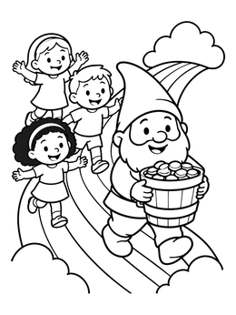 Free printable Gnome And Children On Rainbow Path coloring page