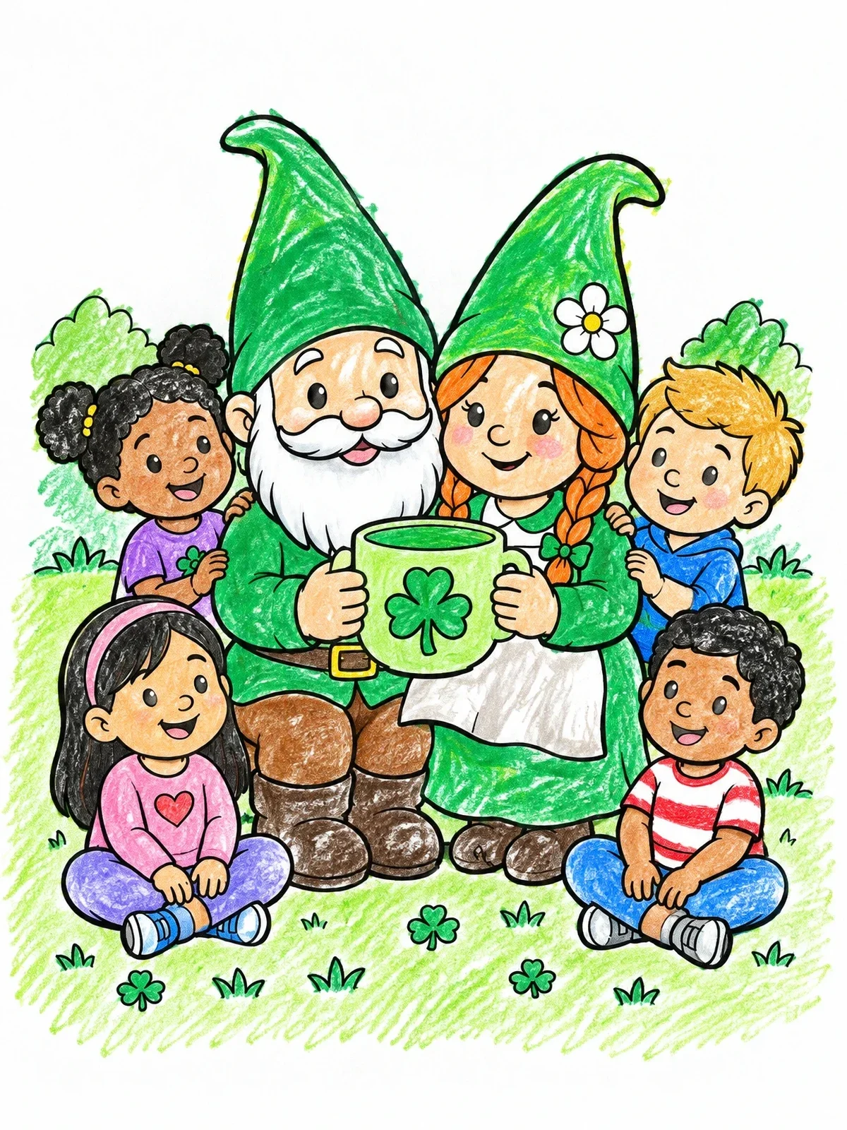 Colored example of the Gnome Couple With Children And Clover Mug coloring page