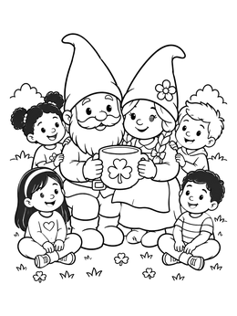 Free printable Gnome Couple With Children And Clover Mug coloring page