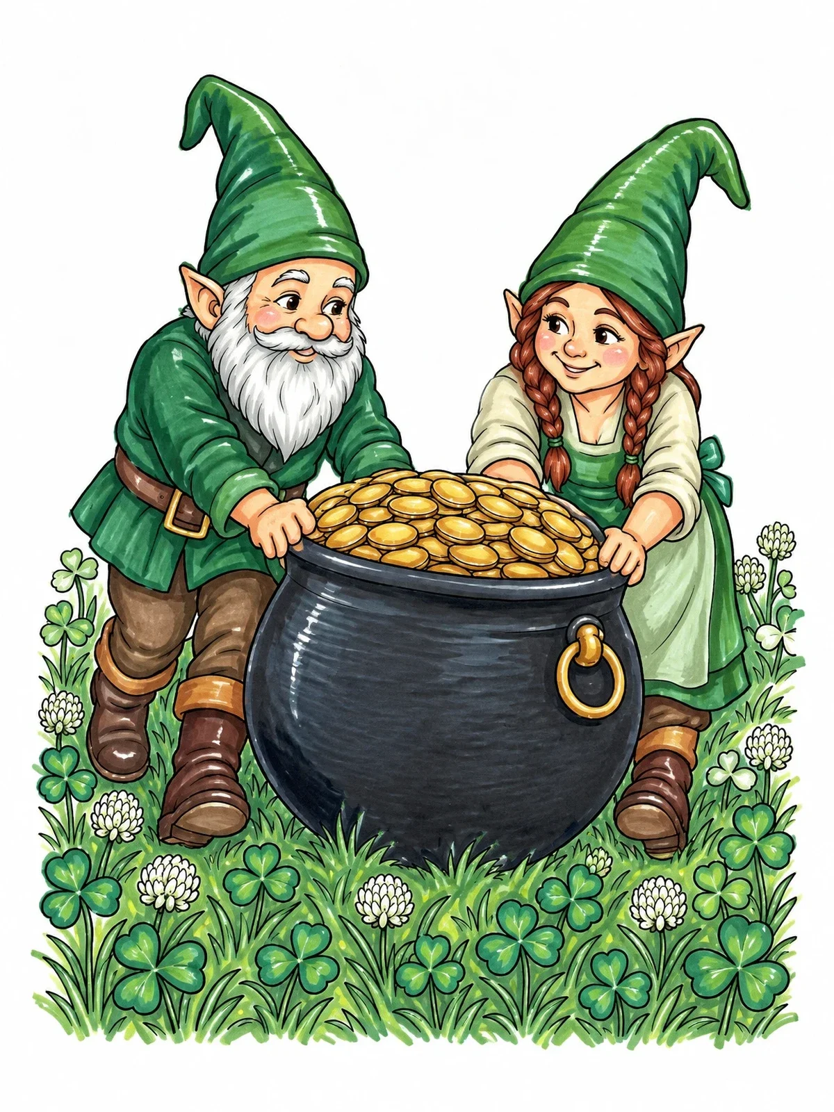 Colored example of the Gnomes With Pot Of Gold coloring page