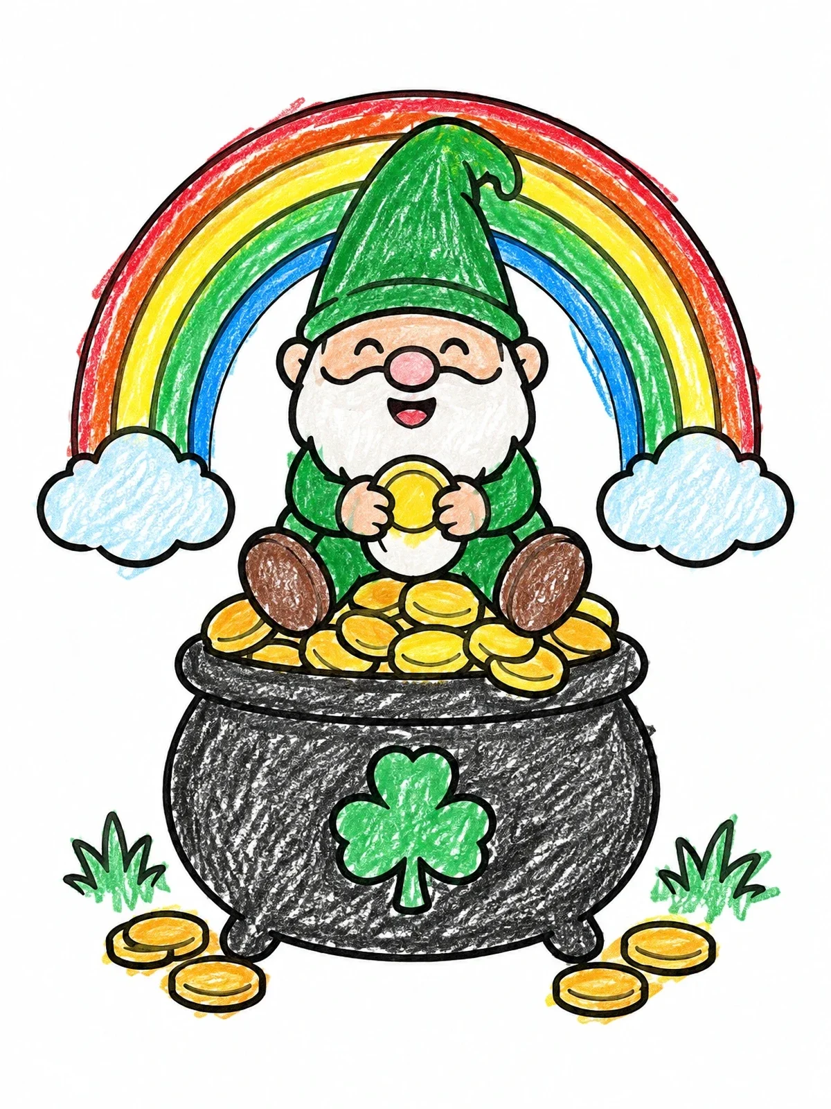 Colored example of the Happy Gnome On Pot Of Gold coloring page