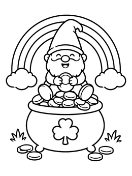 Free printable Happy Gnome On Pot Of Gold coloring page