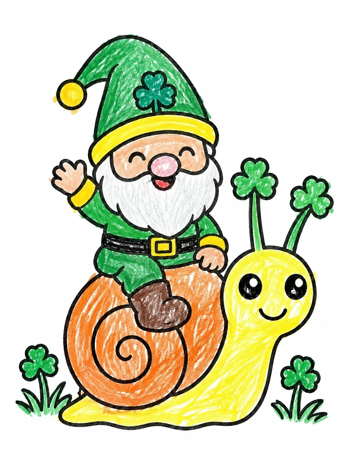 Colored example of the Happy Gnome Riding A Clover Snail coloring page