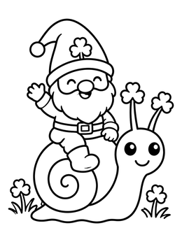 Free printable Happy Gnome Riding A Clover Snail coloring page