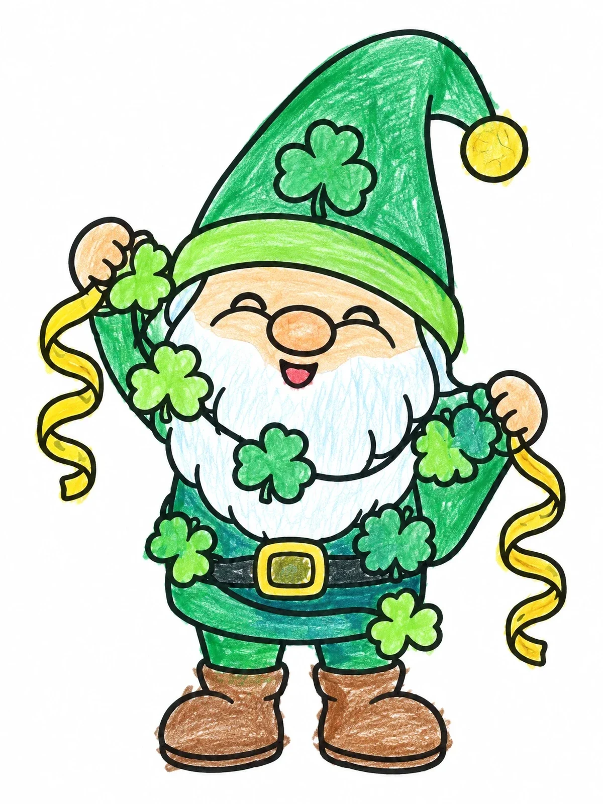 Colored example of the Happy Gnome With Shamrock Garland coloring page