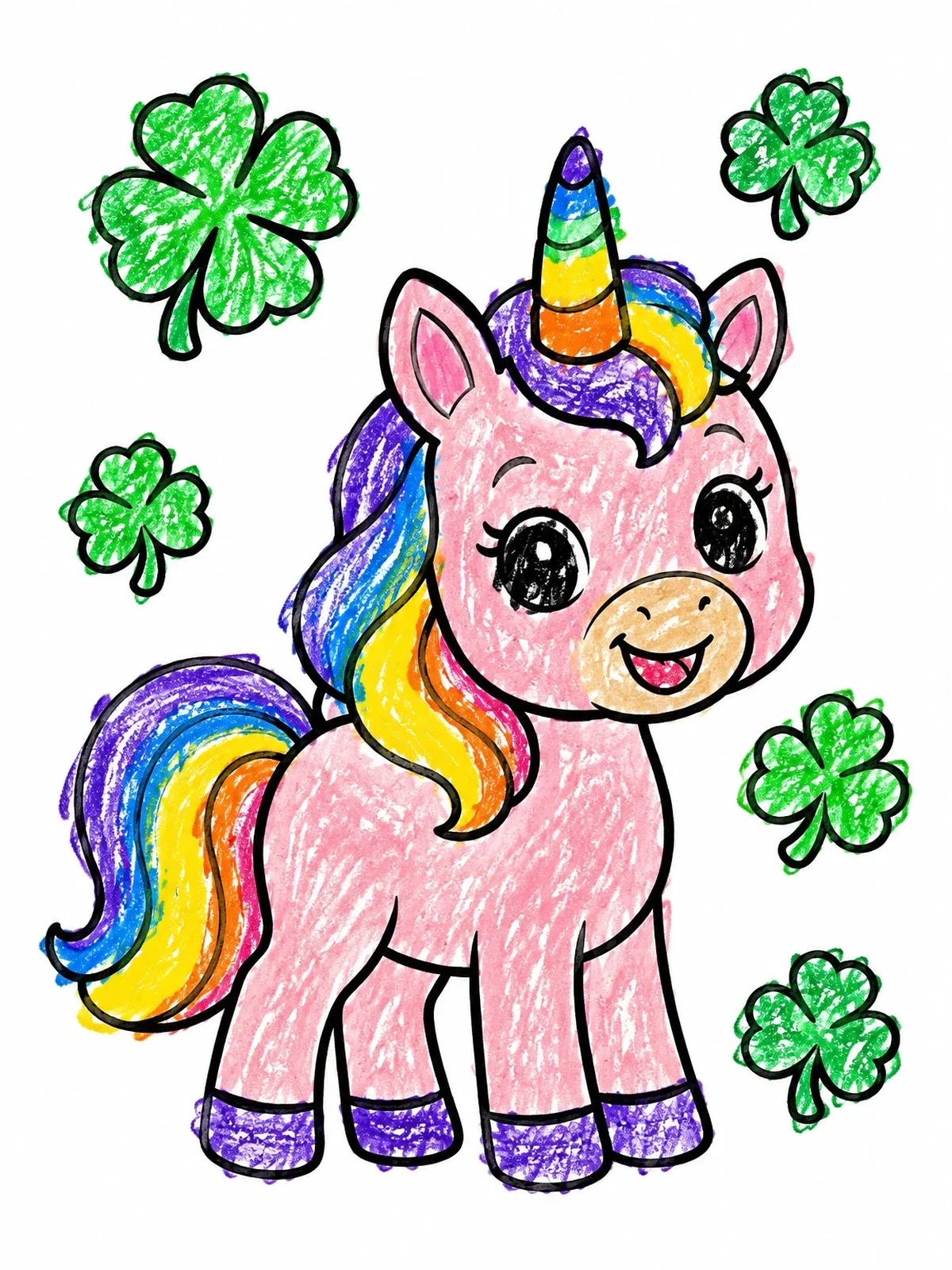 Colored example of the Cute Baby Unicorn With Clovers coloring page