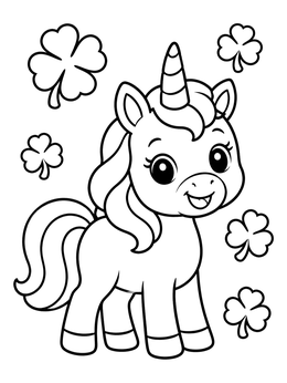 Free printable Cute Baby Unicorn With Clovers coloring page