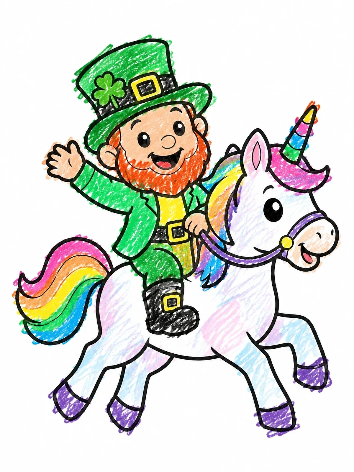 Colored example of the Leprechaun Riding A Cute Unicorn coloring page