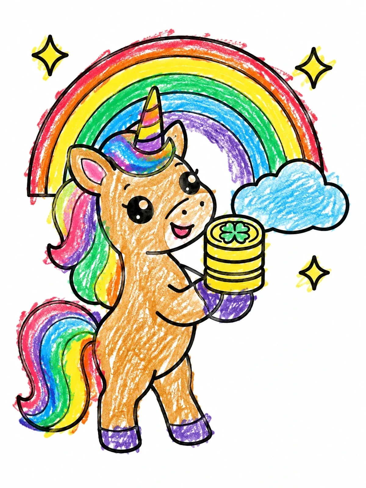 Colored example of the Cute Unicorn Holding Lucky Coins coloring page