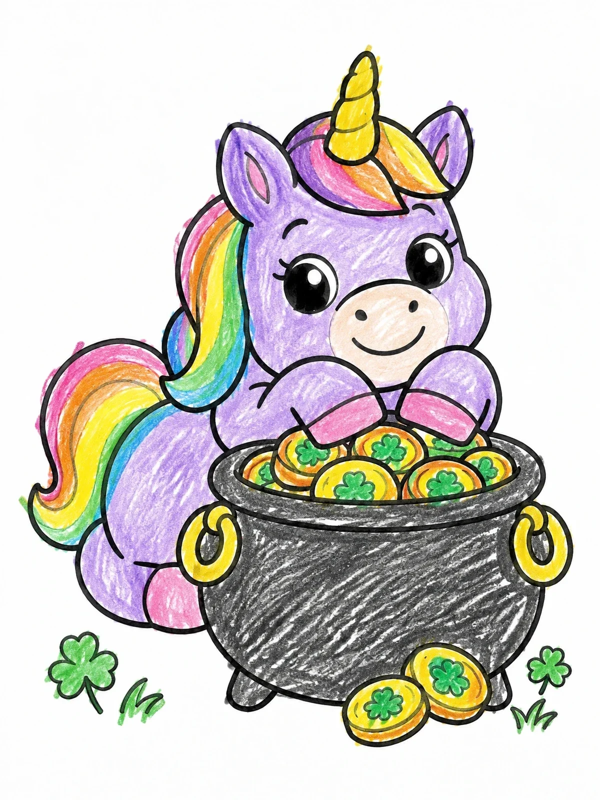Colored example of the Cute Unicorn With Pot Of Gold coloring page