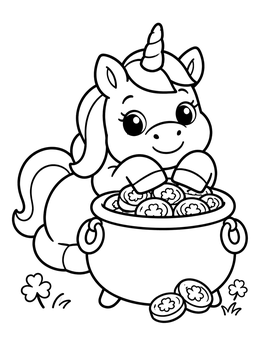 Free printable Cute Unicorn With Pot Of Gold coloring page