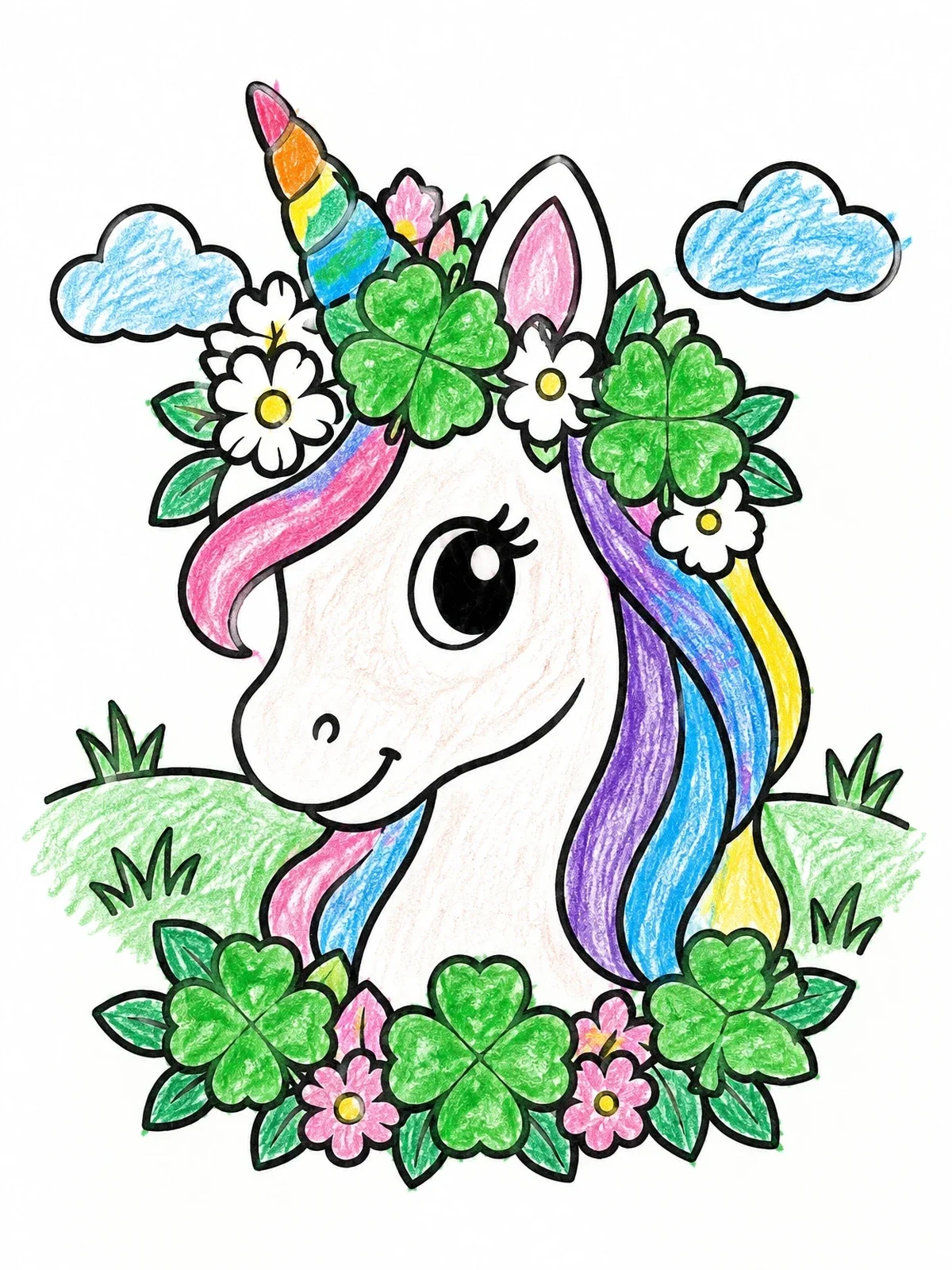 Colored example of the Cute Unicorn With Shamrock Crown coloring page