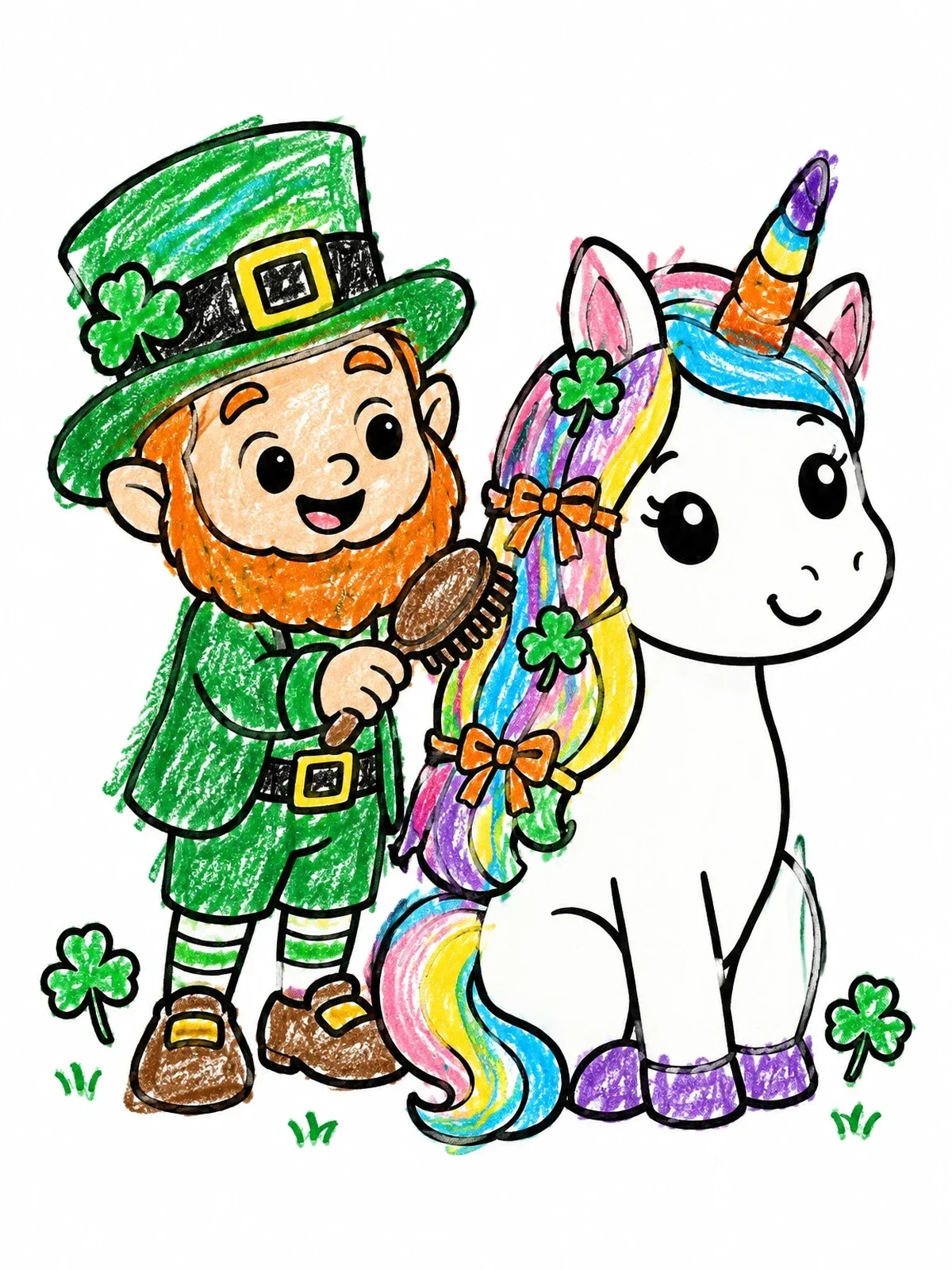 Colored example of the Leprechaun Brushing Cute Unicorn Mane coloring page