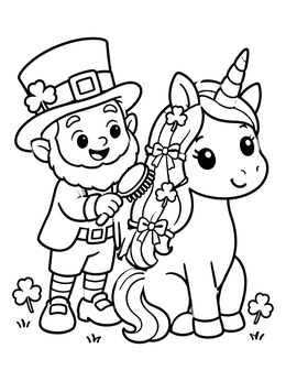 Free printable Leprechaun Brushing Cute Unicorn Mane coloring page