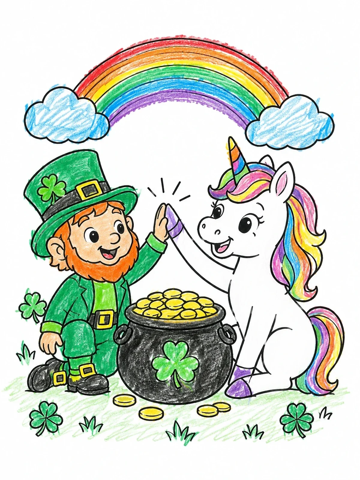 Colored example of the Leprechaun And Unicorn High Five coloring page