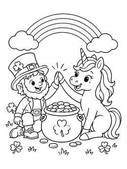 Free printable Leprechaun And Unicorn High Five coloring page
