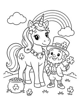 Free printable Leprechaun And Unicorn By A Rainbow coloring page