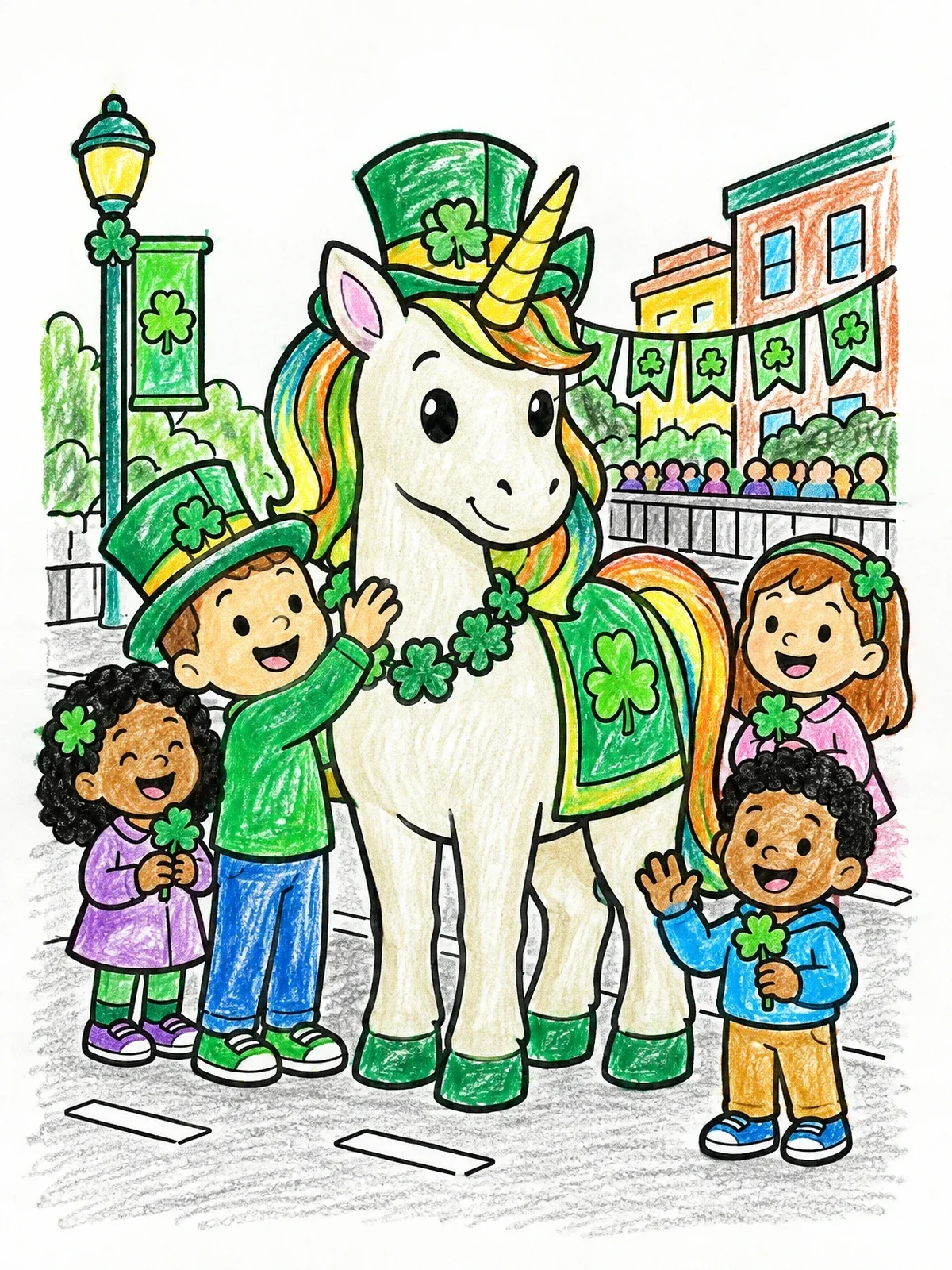Colored example of the St. Patrick's Unicorn Parade Celebration coloring page