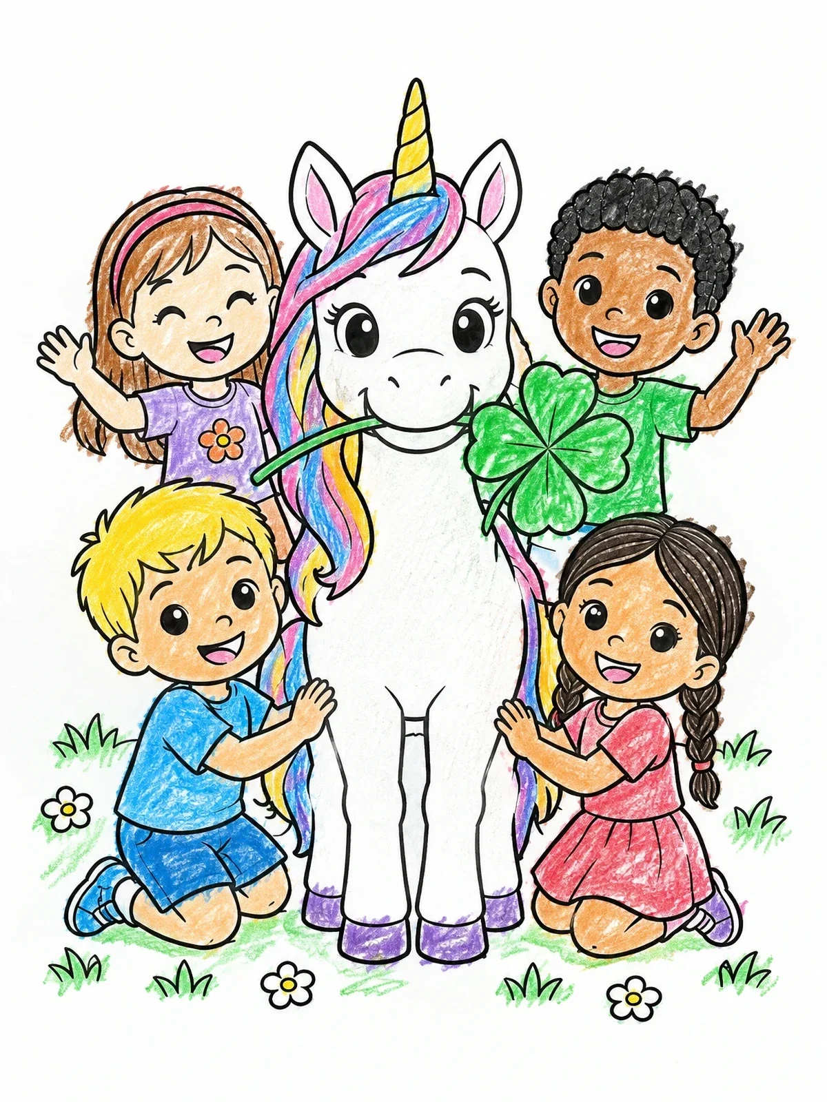 Colored example of the Unicorn And Cheerful Children With Clover coloring page
