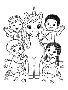 Free printable Unicorn And Cheerful Children With Clover coloring page